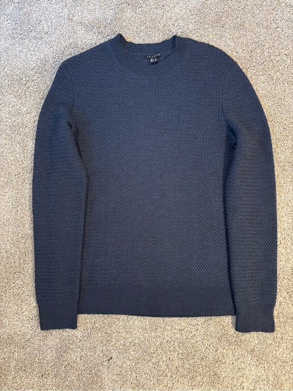 NWOT Theory Mens Navy Merino Wool Crewneck Sweater Geometric Waffle Ribbed Small